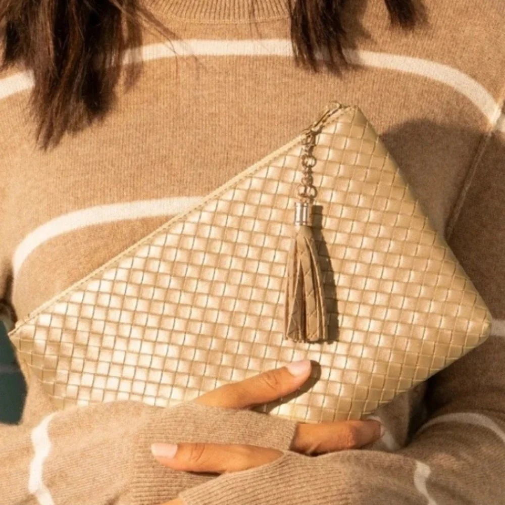 VIRGINIA WOLF‎ Faux Leather Clutch Mini Woven Pouch Gold Tassel Zip Top Make Up
